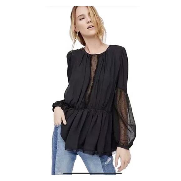 Free People Tops - Free People Soul Serene Top Size M Black Sheer Accents Blouse Peasant Boho